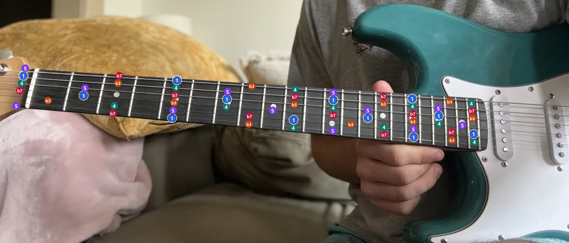 An electric guitar neck seen through Guitarry, with the A minor pentatonic scale drawn onto the strings as coloured dots naming each interval.